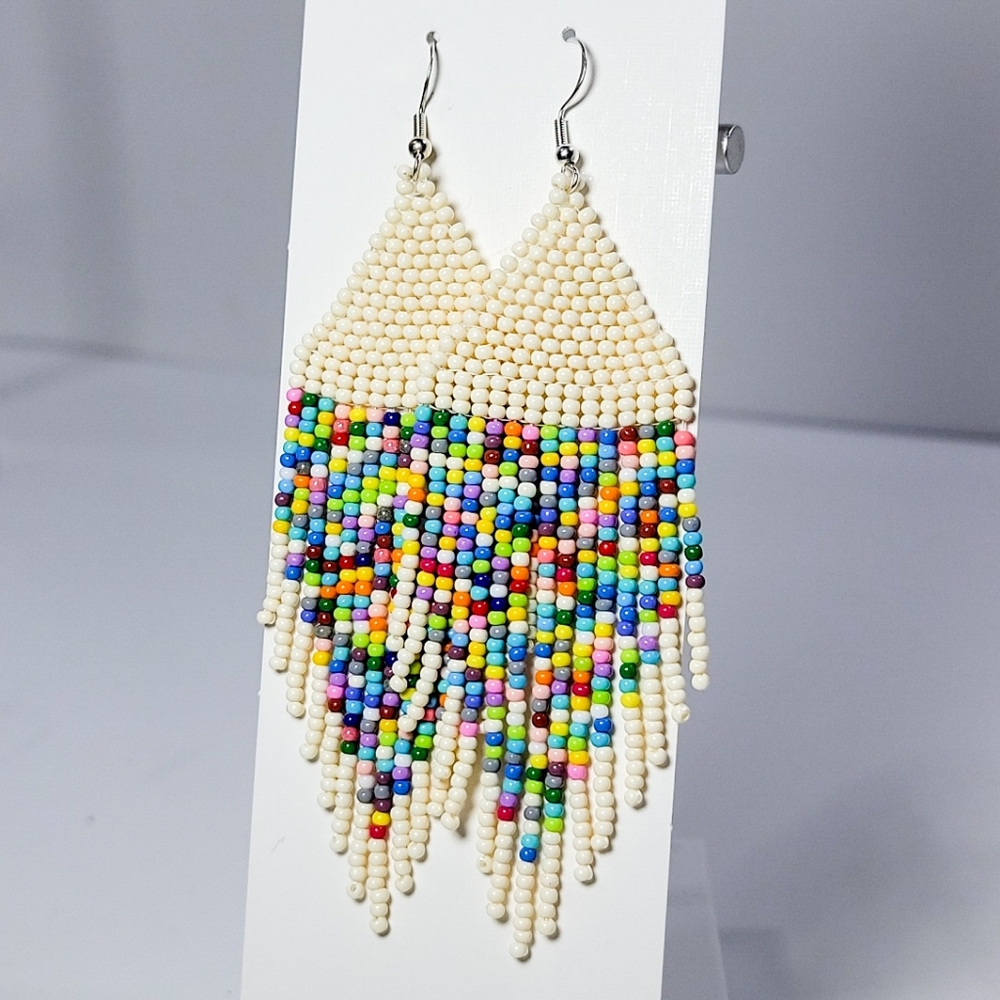 Handmade Seed Bead Fringe Earrings "Pixelated Rainbow in Ivory" - Picture 6 of 6